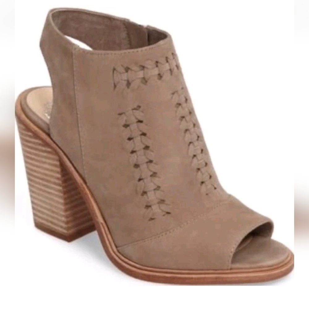 Vince Camuto Katri Leather Taupe Peep-Toe Heeled Boots